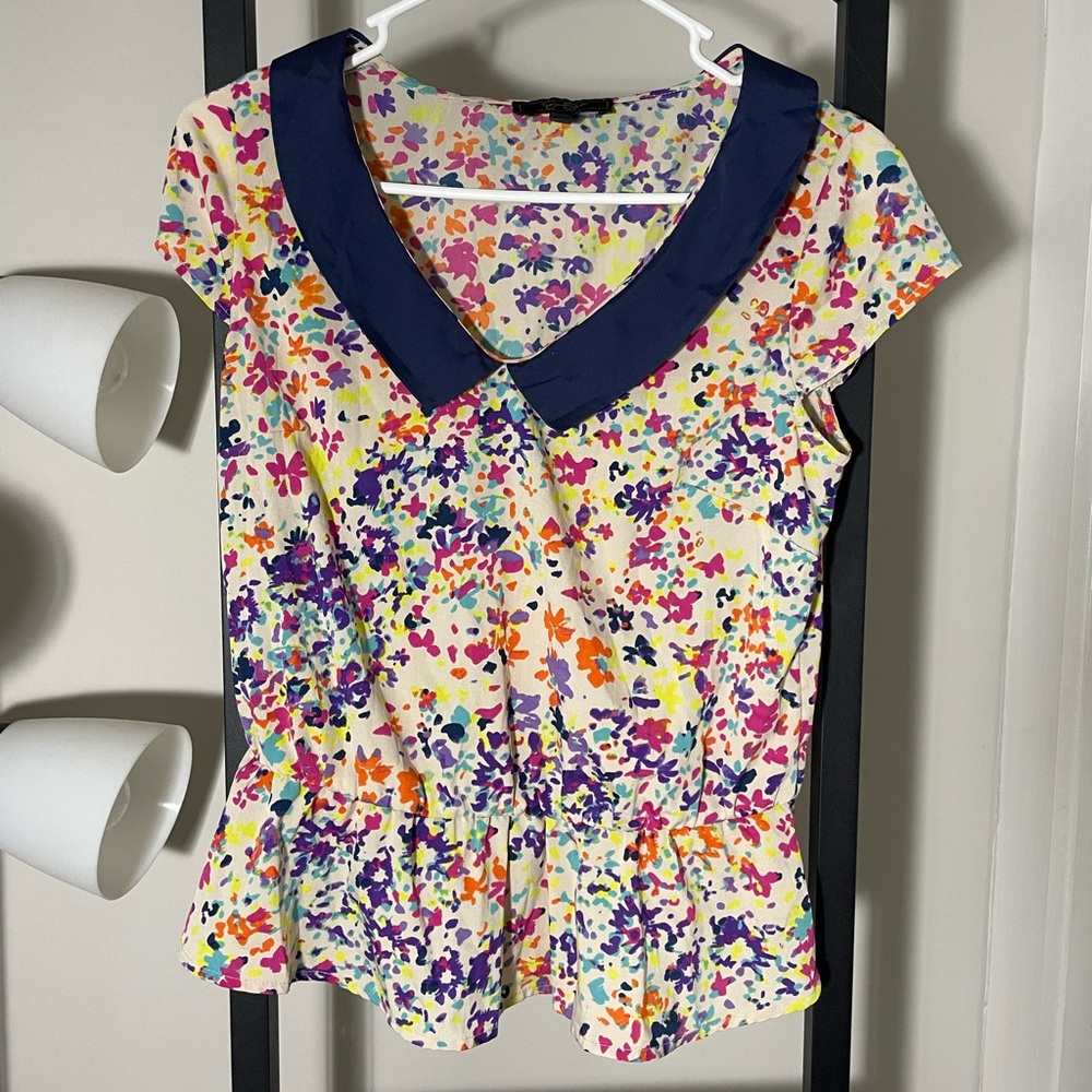 Jessica Simpson Floral Cap Sleeve Blouse with Navy Collar
